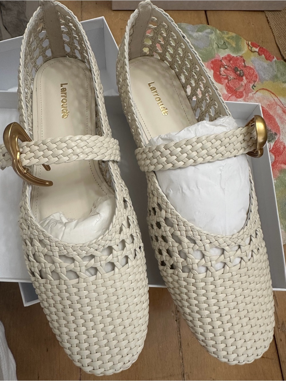 Larroude Cream Woven Mary Jane Loafers with Gold Buckle Accent